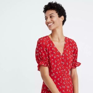 Silk Ruffle-Sleeve Button-Front Dress in Little Lilies